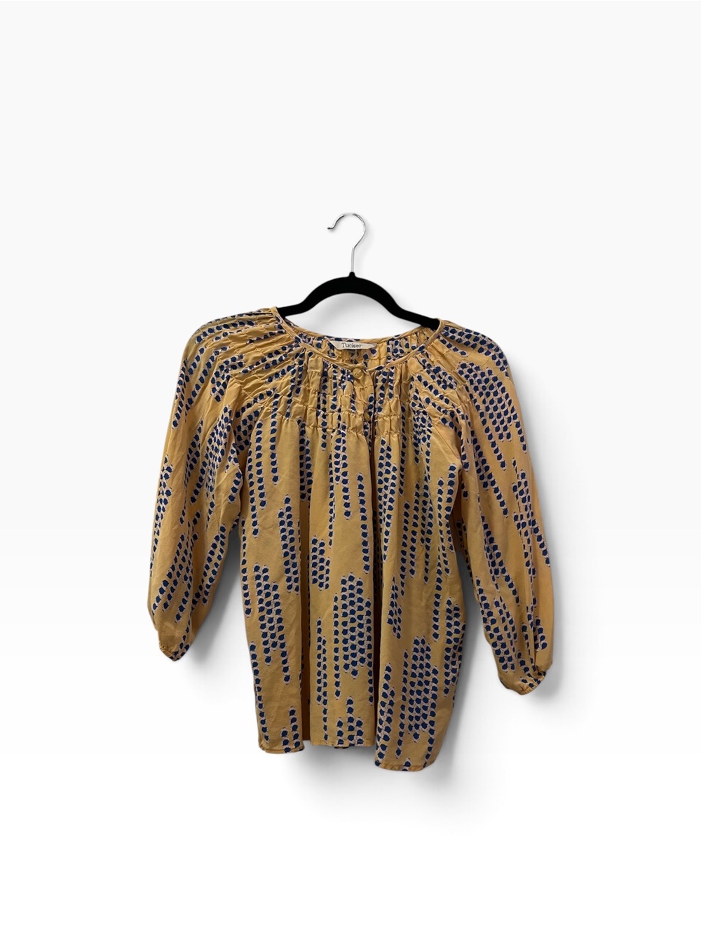 Tucker Mustard Blue Dot-Print Silk Ruched Button Down Blouse  Size P